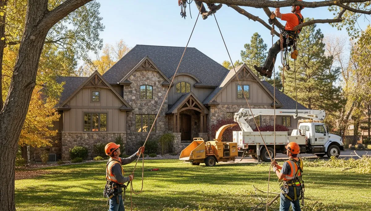 Denver tree service crew removing a large tree for safe residential property clearing
