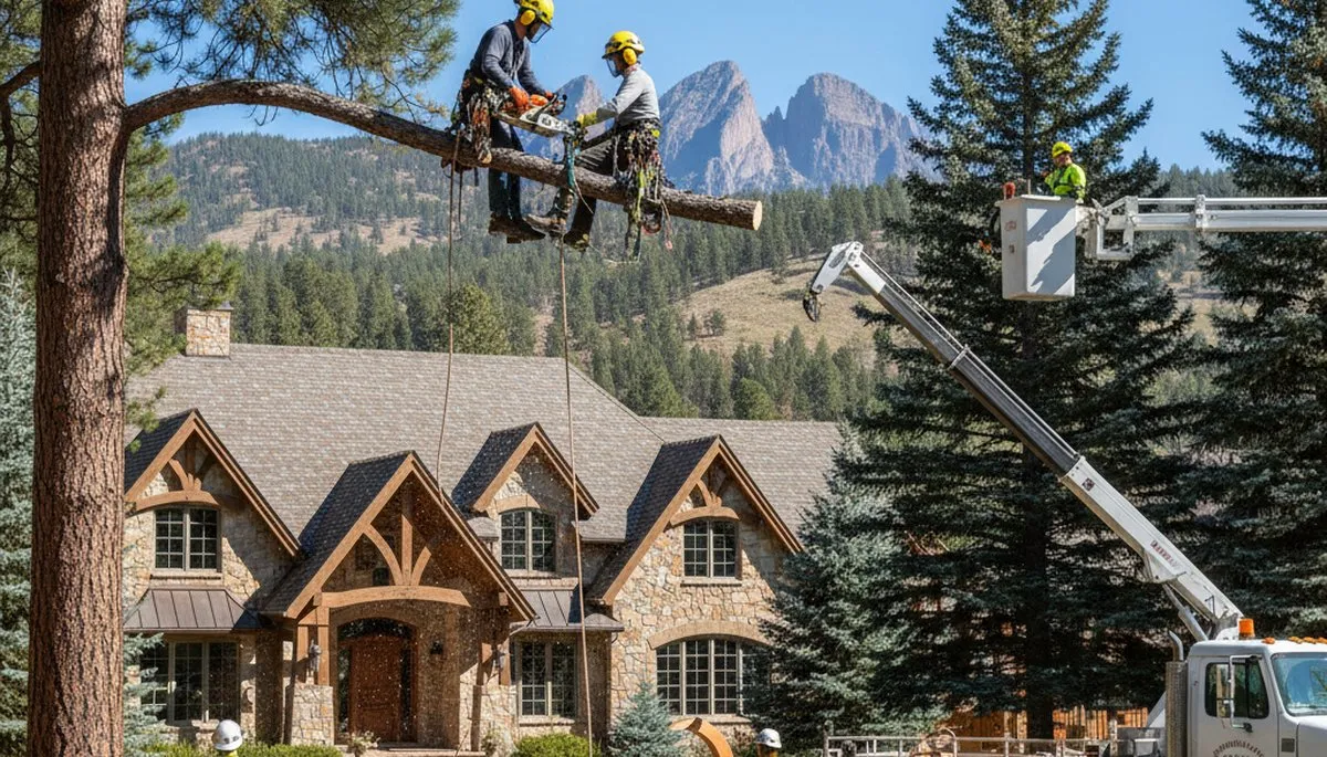 Tree service crew in Denver, CO providing professional tree removal for a local business site